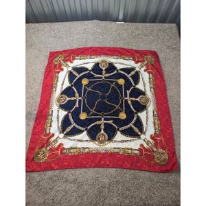 Accessory Lady‎ Silk Scarf Equestrian Buckle Chain Print Red Blue Gold Square